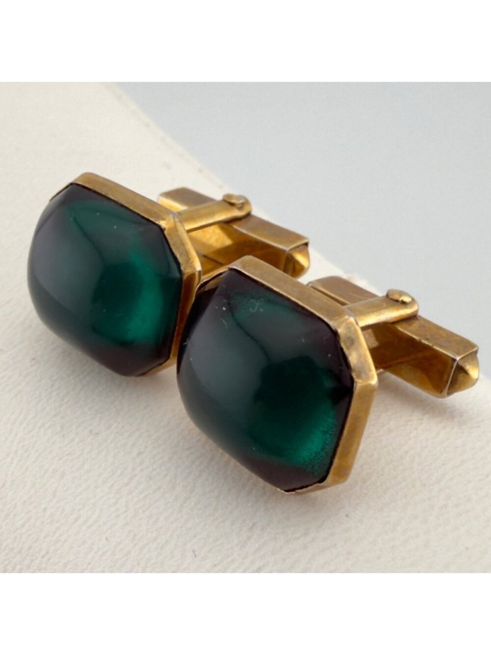 Vintage Green Glass Cufflinks Gold Tone Octagon Retro Mid Century